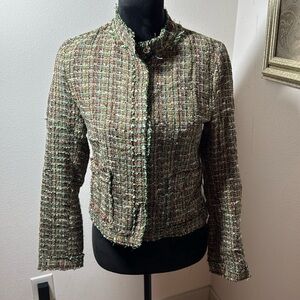 Midi tweed olive green multicolor crop blazer raw trim lined mandarin collar M